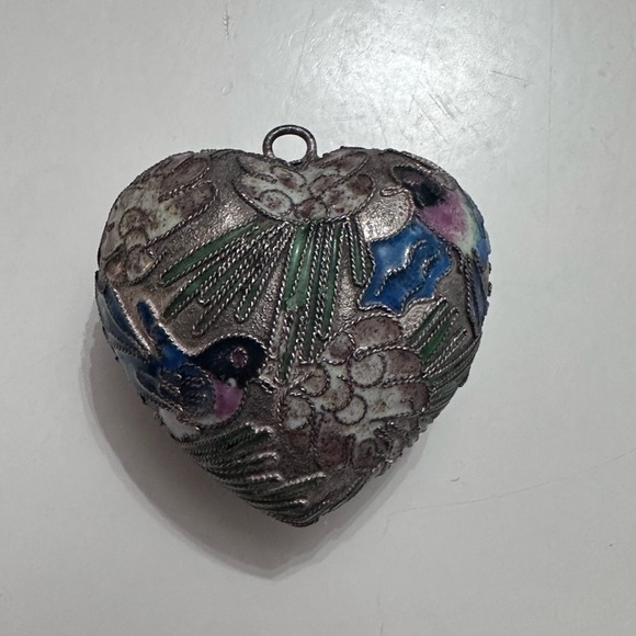CLOISONNE ENAMEL CHRISTMAS ORNAMENT EXOTIC BIRD FLORAL MOTIF HEART SHAPED LOT - Picture 2 of 7